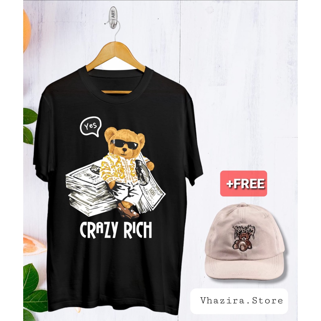 KAOS OVERSIZE BAJU TEDY BEAR CRAZY RICH  DISTRO KAOS PRIA DAN  WANITA GRATIS TOPI TEDY BEAR