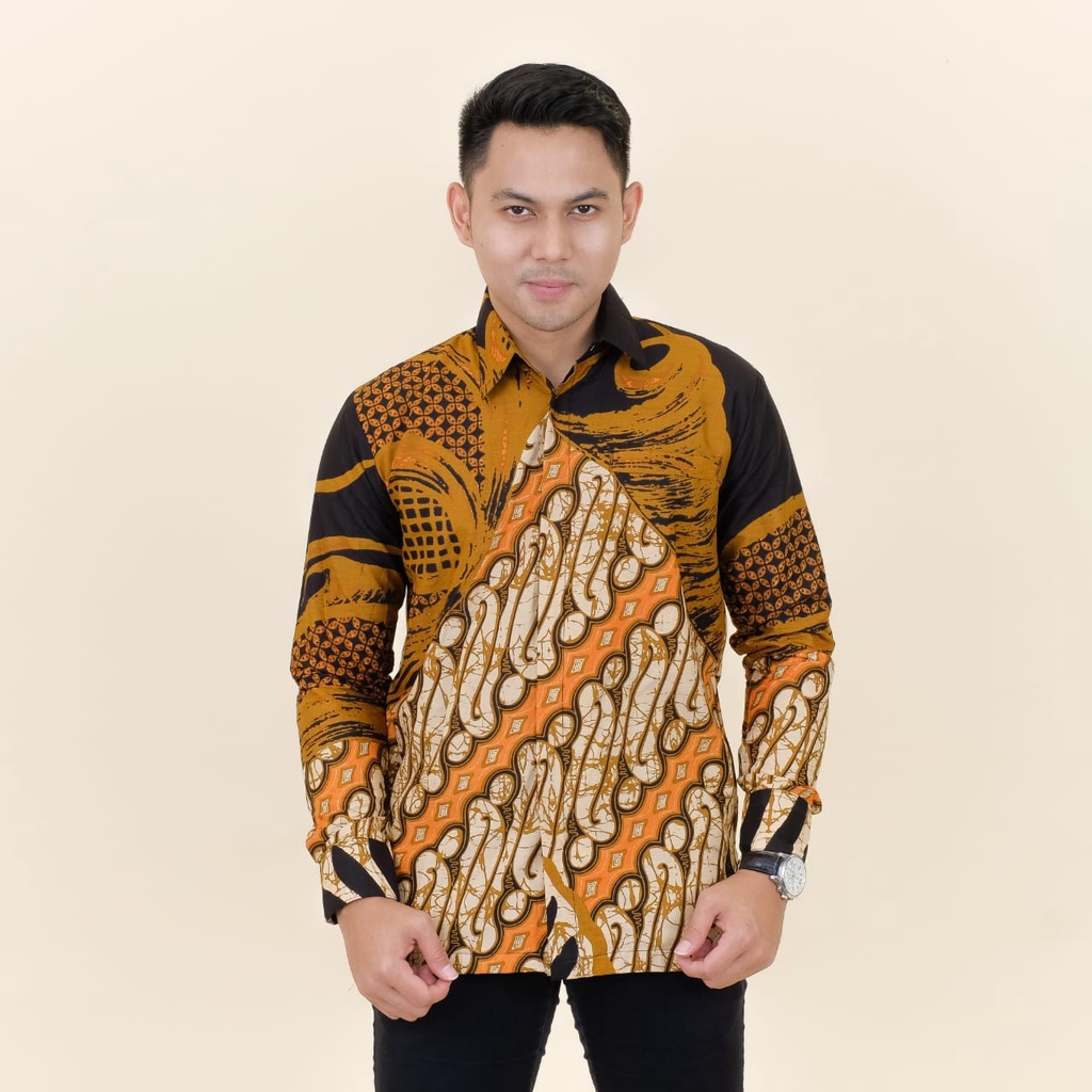 baju batik pria lengan panjang HITAM MUSTARD modern  ORIGINAL BAJU PREMIUM KEKINIAN BATIK SOLO MURAH