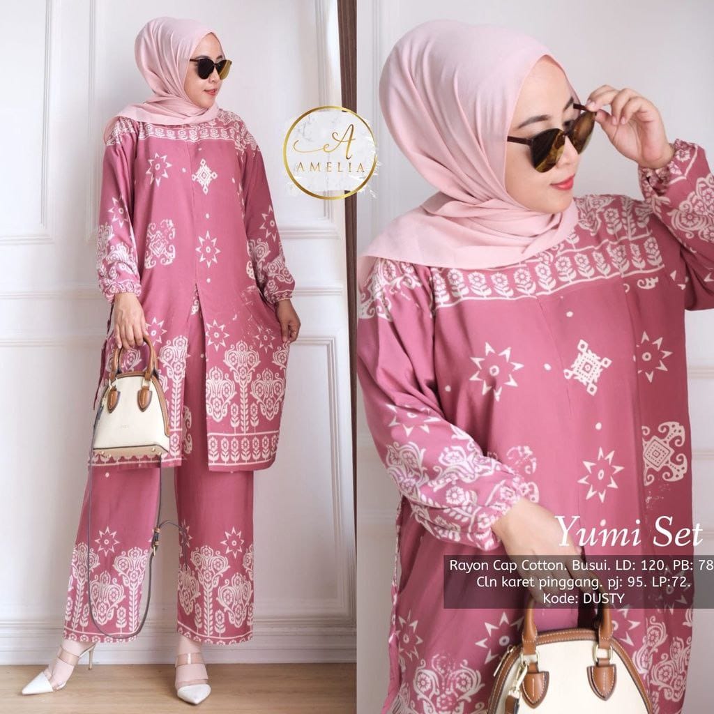 Setelan Rayon Yumi Set Long Tunik LD 120 Motif Batik Cap Print Soft Color Cotton Rayon Setelan Wanita Tiedye