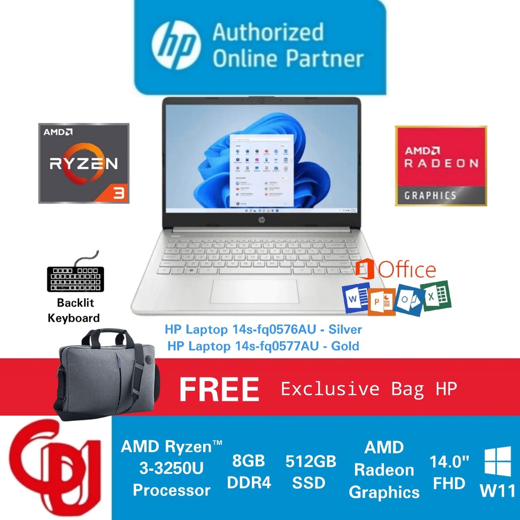 Laptop HP 14s-fq0576AU/fq0577AU Ryzen 3 3250U 8GB 512GB SSD Win11+OHS