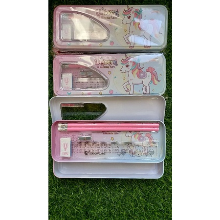 Tempat pensil Unicorn set alat tulis, Memaid Timbul, Beruang Pita / Kaleng pensil unicorn set, merma