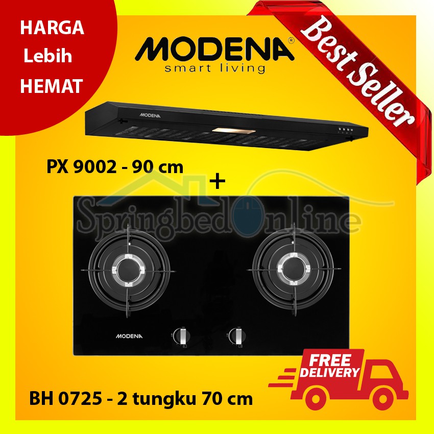 MODENA Paket Kompor Tanam 2 Tungku 70 cm dan Cooker Hood 90 cm - BH 0725 &amp; PX 9002