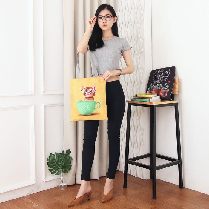 Termurah & Terlaris TC62 Women Tote Canvas Bag Civeto Kitty Cat Tas Wanita - love cat