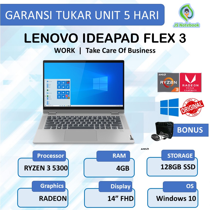 LENOVO FLEX 5 14 2IN1 TOUCH RYZEN 3 5300 4GB 128SSD VEGA3 W10 14.0HD IPS SILVER