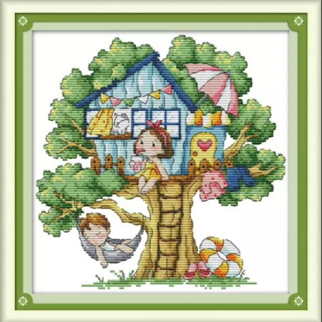 Paket kristik kartun anak rumah pohon summer tree house cross stitch dmc 14ct embroidery