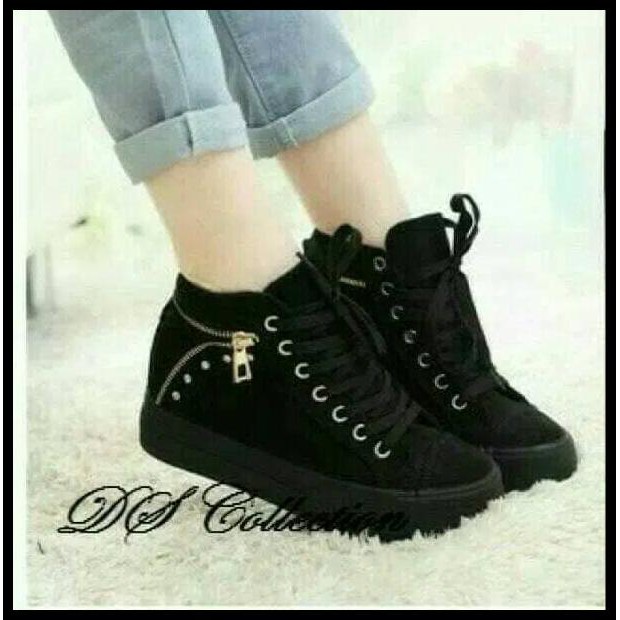 Sepatu Boots Boot Hitam Wanita Cewek Cewe Sekolah Sport Korea Murah - Hitam, 36