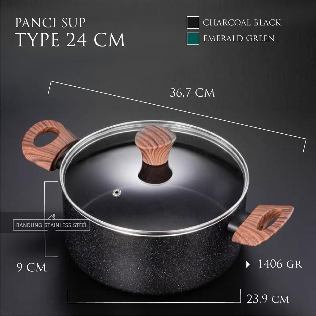 PANCI SUP SOUP MEDICAL STONE 22CM 24CM ANTI LENGKET TEBAL HITAM HIJAU NON-STICK TUTUP KACA