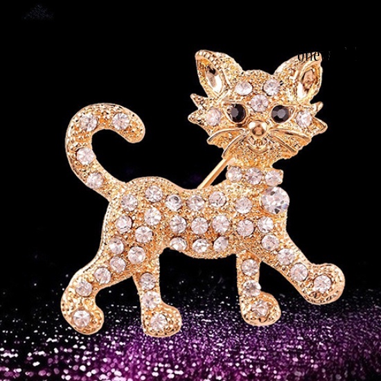 OW@ Women's Fashion Shining Rhinestone Brooch Cool Cat Pattern Decor Jewelry Gift