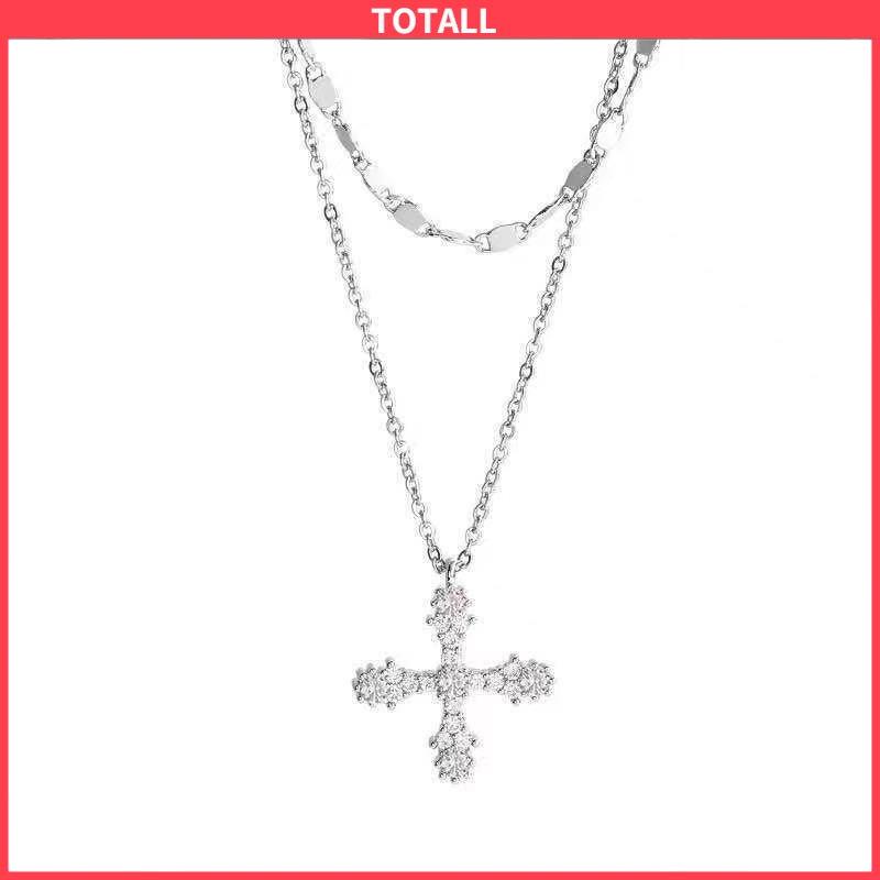 COD Hip Hop Cross Double Layer Necklace Feminin Fashion Micro Inlaid Zircon Pendant-Totall