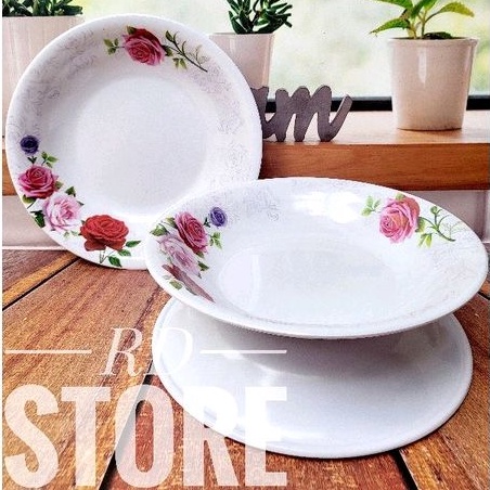 PROMO 3.PCS PIRING MAKAN CEKUNG MOTIF ROSE BAHAN MELAMINE WARE TEBAL ANTI PANAS