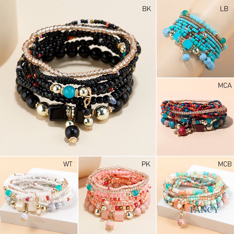 8pcsset Gelang Manik Batu Turquoise Alami Gaya Boho Untuk Wanita