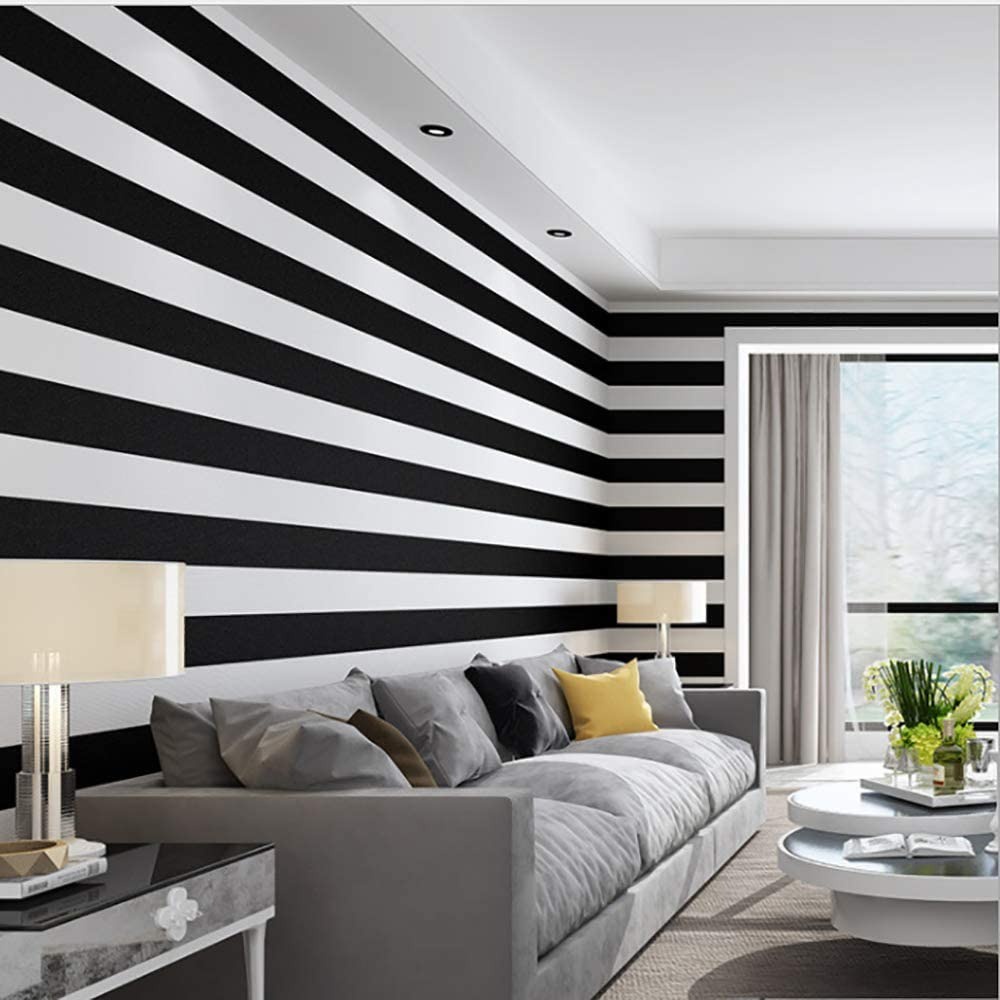 Wallpaper Dinding Motif Salur Hitam Putih Ukuran Panjang 10Meter x Lebar 45CM