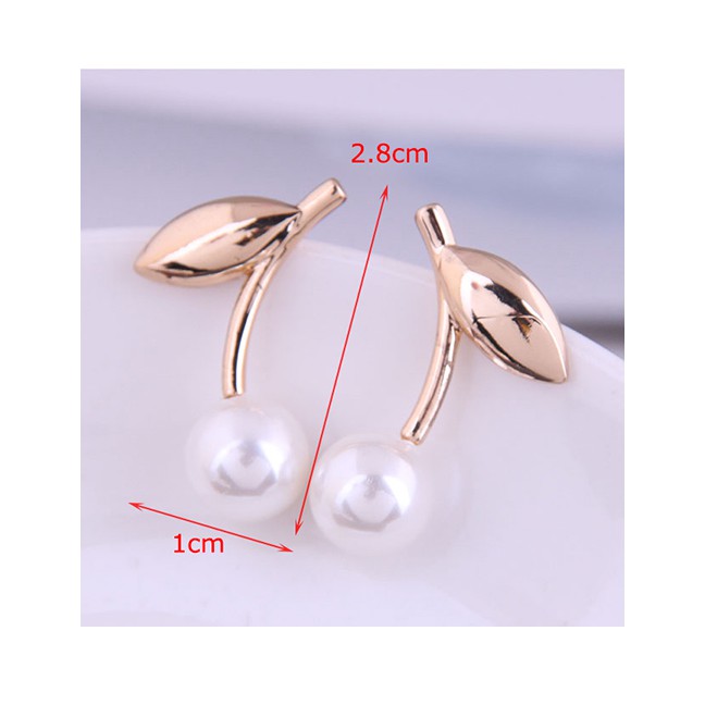 LRC Anting Tusuk Fashion Rose Gold Color Branch And Leaf Pearl Alloy Stud A6300X