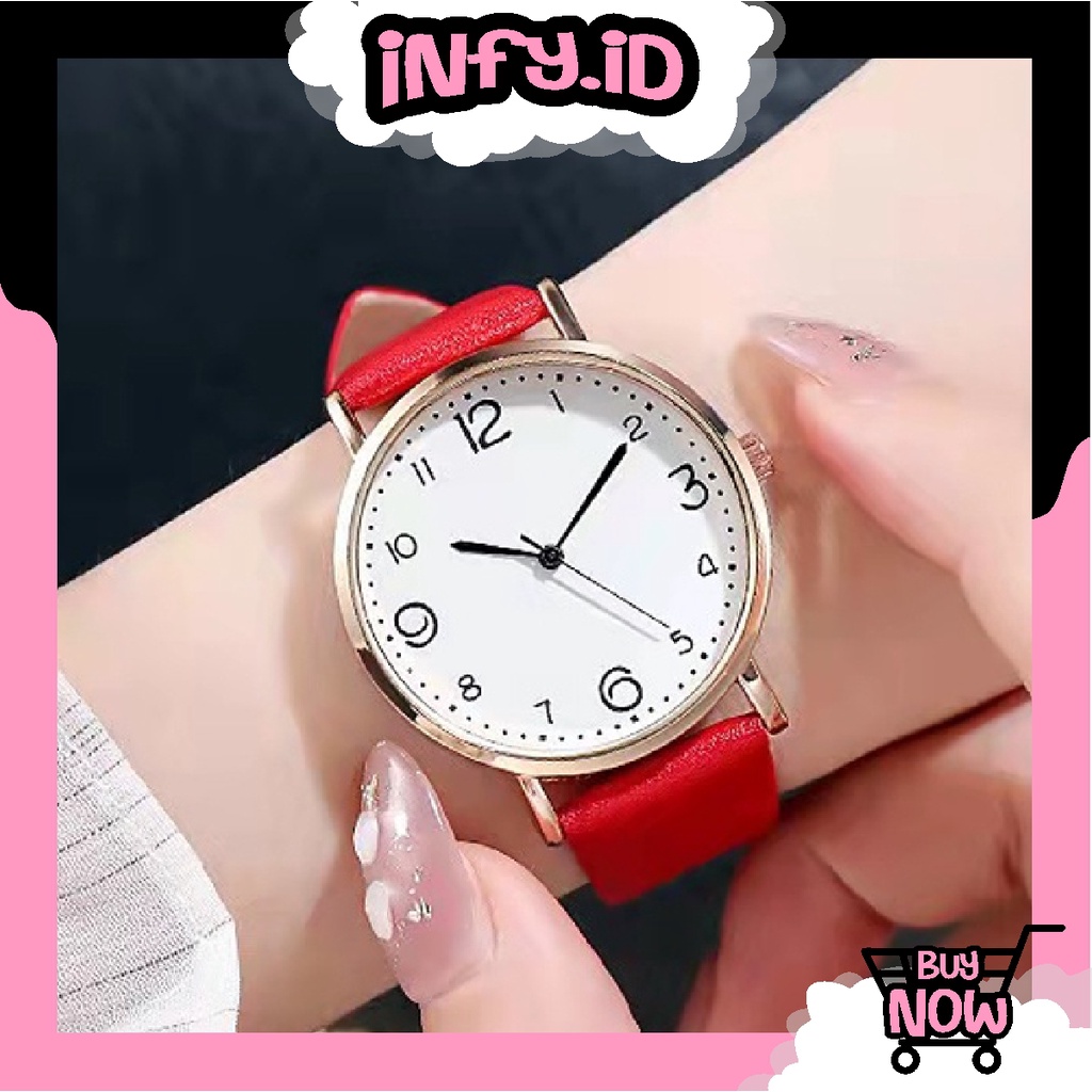 INFY - JT043 Jam Tangan Wanita Polos Casual Dial Bulat Fashion Analog Quartz Simple Strap Pu Leather