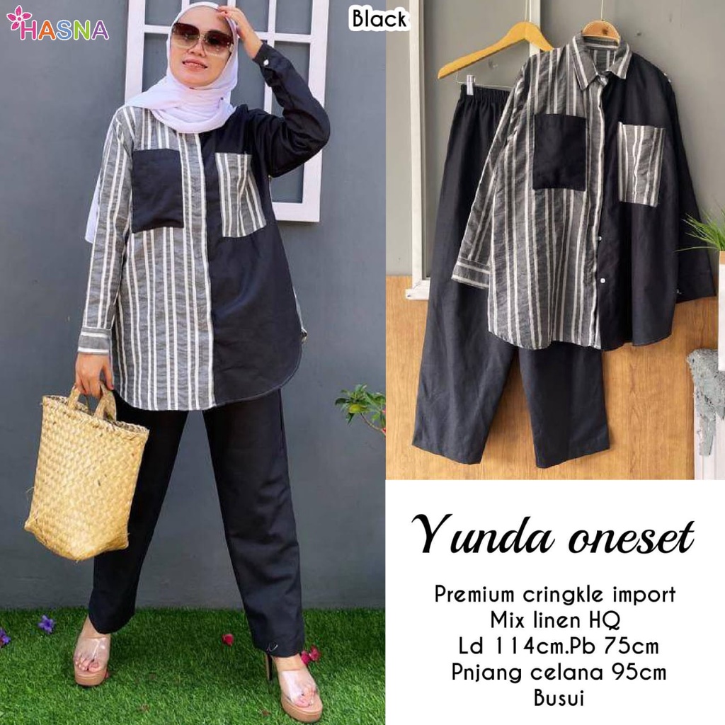 Setelan Celana Pocket Motif Garis Yunda Oneset Bahan Katun Crinkle Mix Linen Ld 114