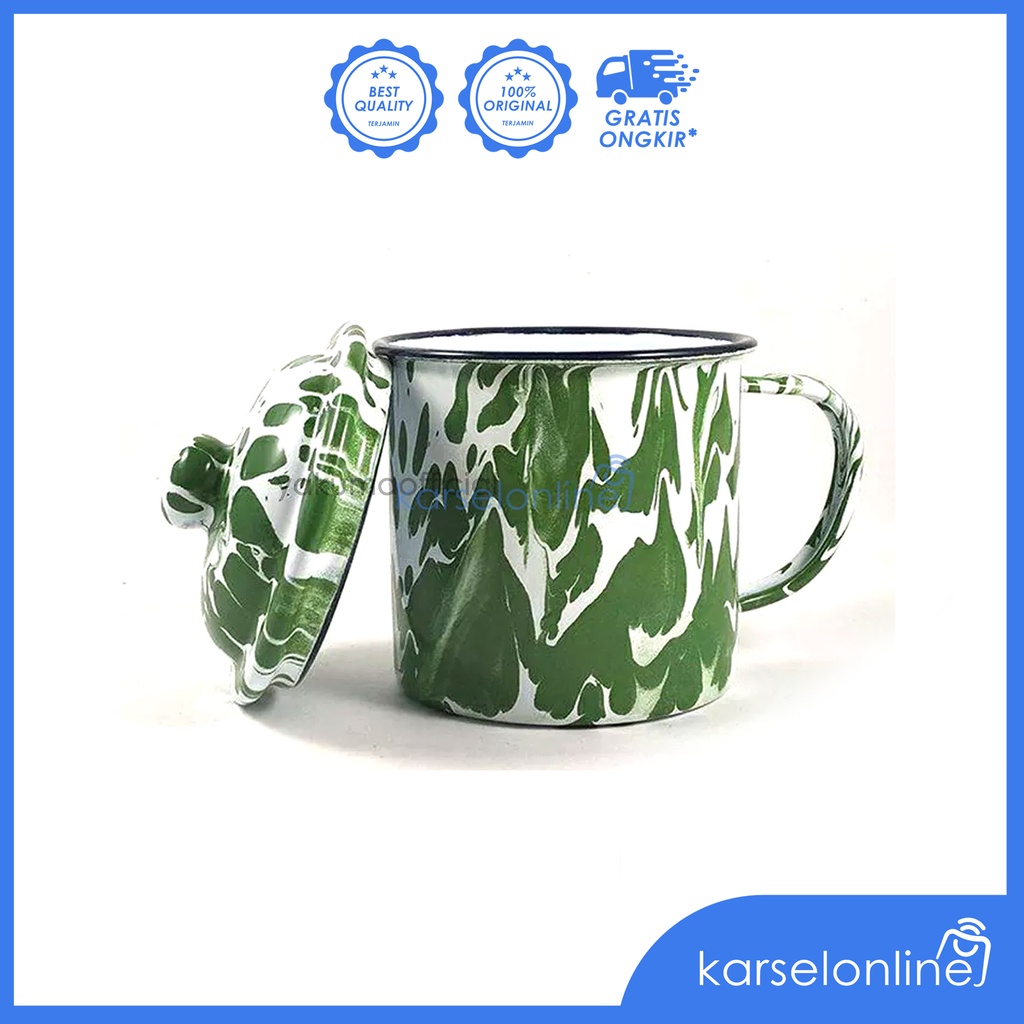 CANGKIR MUG GELAS KOPI TEH ENAMEL BLIRIK JADUL + TUTUP