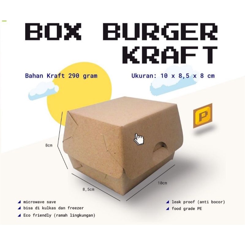 

BOX BURGER - PAPER BOX - DUS KUE/ROTI UK 10x8,5x8 KRAFT 290 GSM FULL LAMINASI