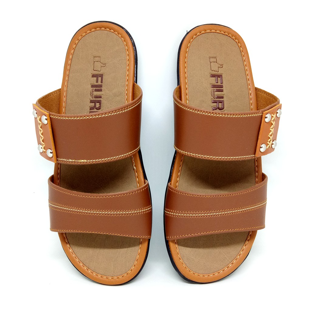 FIURI - Sandal Double Slip On Mocca - Sandal Murah Pria - Sandal Casual - Sandal Pria Kulit