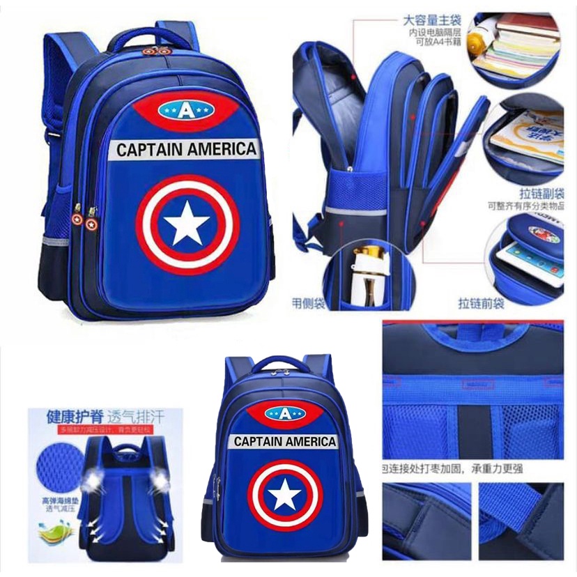 Tas Sekolah SD Ransel Anak Laki-Laki 3D Emboss Tas Anak Import Karakter Superhero Timbul Backpack School for Boys Karakter Marvel 3D