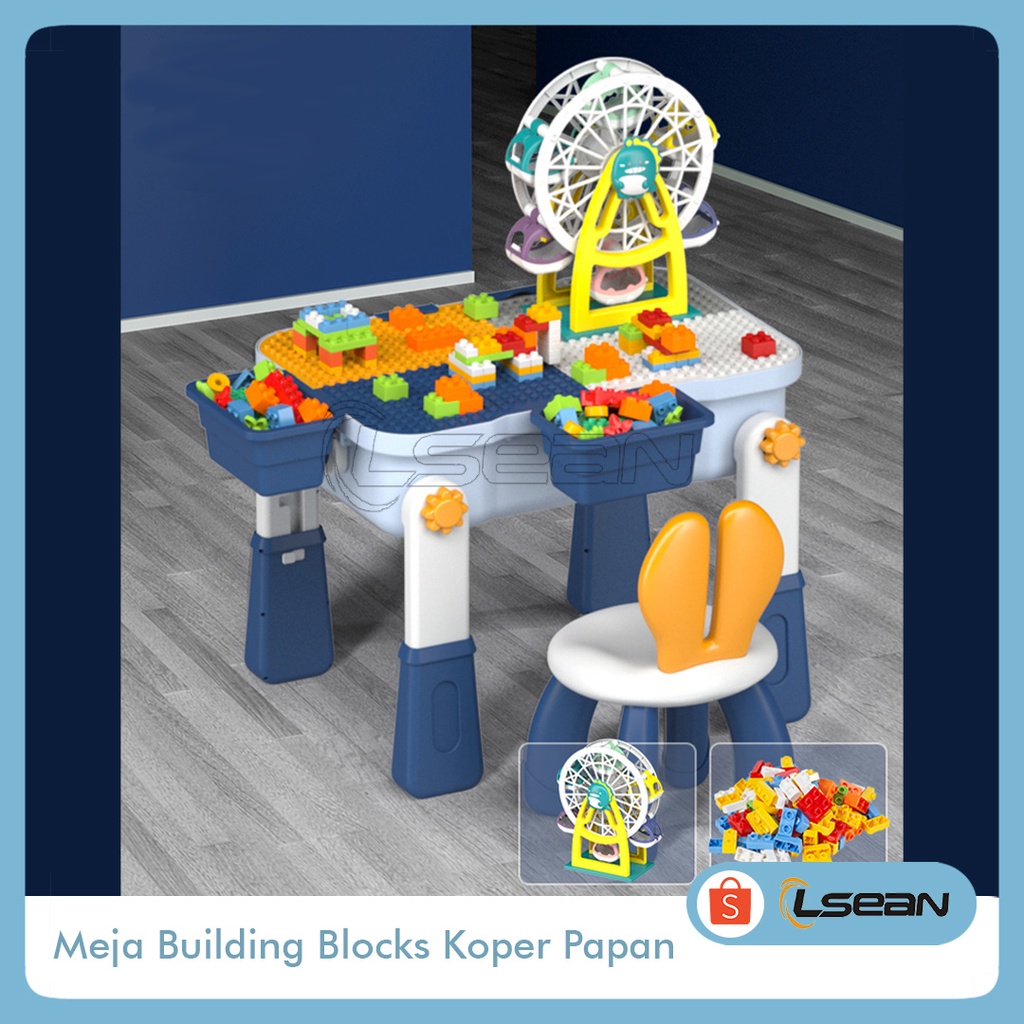 SET MEJA MAKAN BELAJAR BERMAIN ANAK BUILDING BLOCKS + WHITEBOARD
