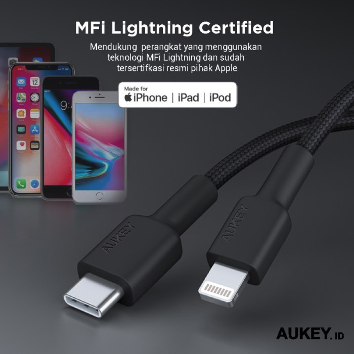 Aukey Cable CB-CL4 Black 1.8M MFI USB C to Lightning Braided - 500821