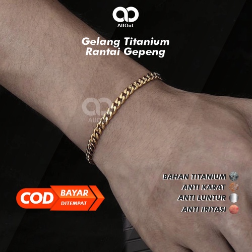 Gelang Titanium Pria Wanita Aksesoris Model Motif Rantai Gepeng Polos Keren Asli Anti Karat Gold Ema