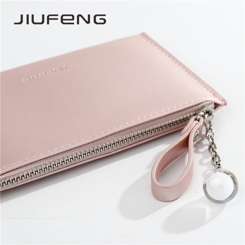 JIUFENG Dompet Kartu Bahan PU Aneka Warna Aksen Ritsleting untuk Wanita