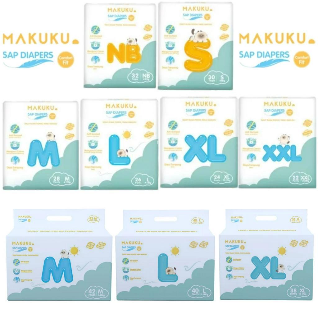 MAKUKU SAP Diapers Comfort FIT Tape NB32 S30 Pants M28 L26 XL24 XXL22 Jumbo Pack M42 L40 XL38/ Popok Bayi Tipis SAP Anti Gumpal Cepat Kering Sekali Pakai