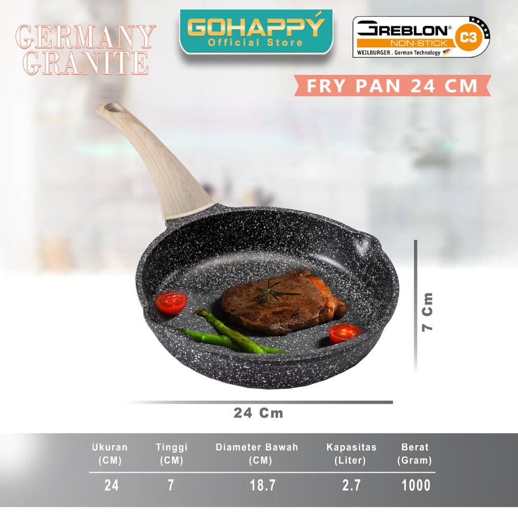 GERMANY GRANITE Gohappy Fry Pan 24cm GH-G85 asli German Greblon C3 Wajan Penggorengan granit