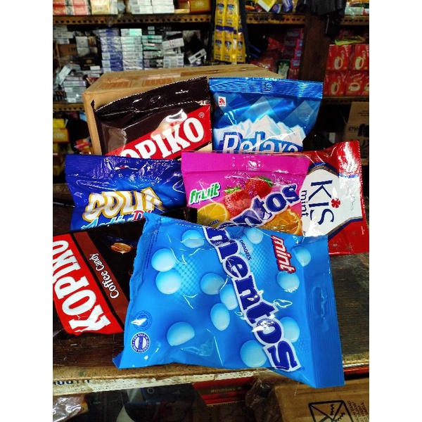 

Permen varian rasa, Mentos, Kopiko, relaxa, golia, kiss