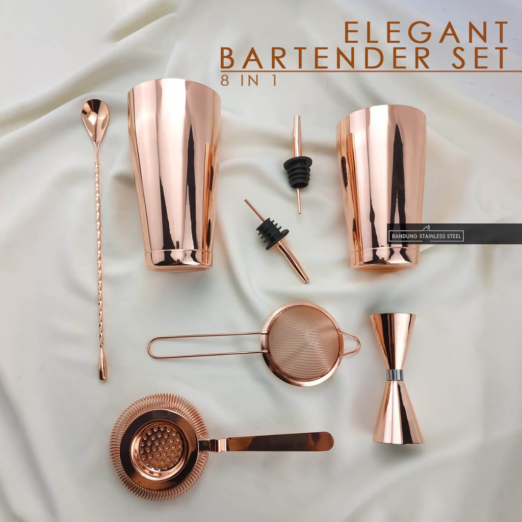 Elegant Bartender Set SUS304 Mewah Gold Rosegold 8 in 1 Shaker Jigger Saringan Pourer Wine Filter