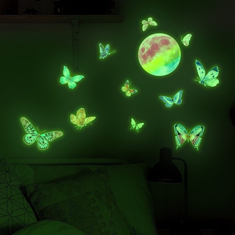 Stiker Dinding Desain Butterfly Moon Luminous Dapat Dilepas Untuk Dekorasi Kamar Tidur Anak