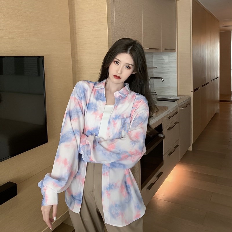 kemeja sifon kasual retro tie-dye fashion wanita korea lengan panjang