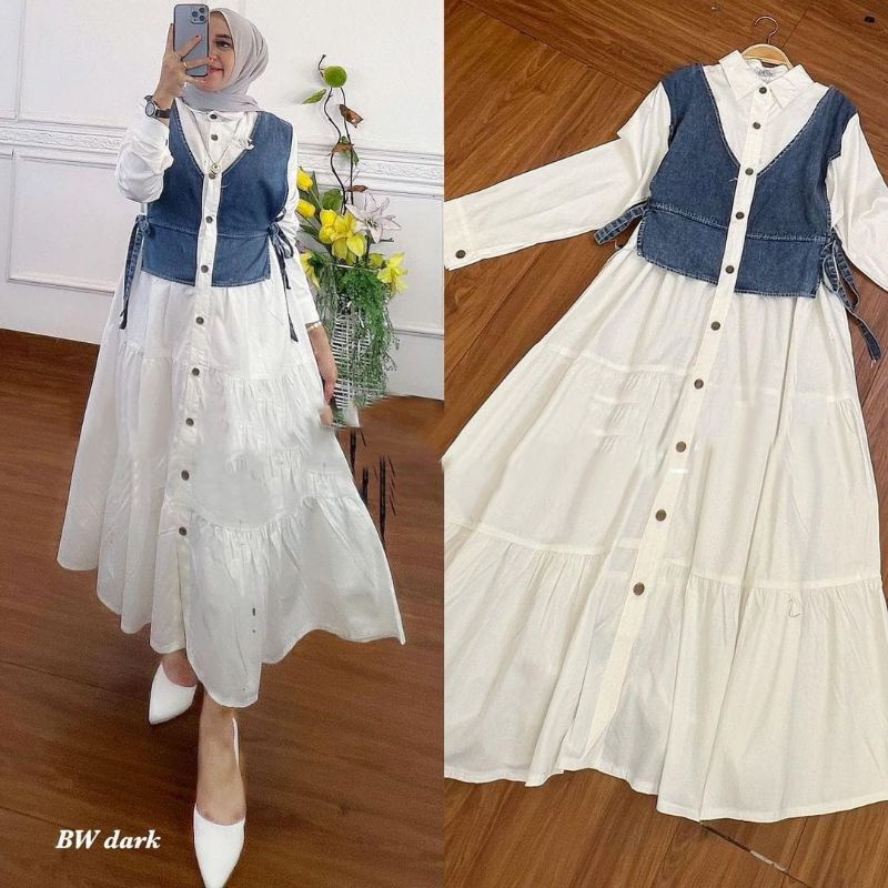 Baju gamis dress terusan wanita remaja muslimah putih polos lengan panjang murah bagus berkualitas