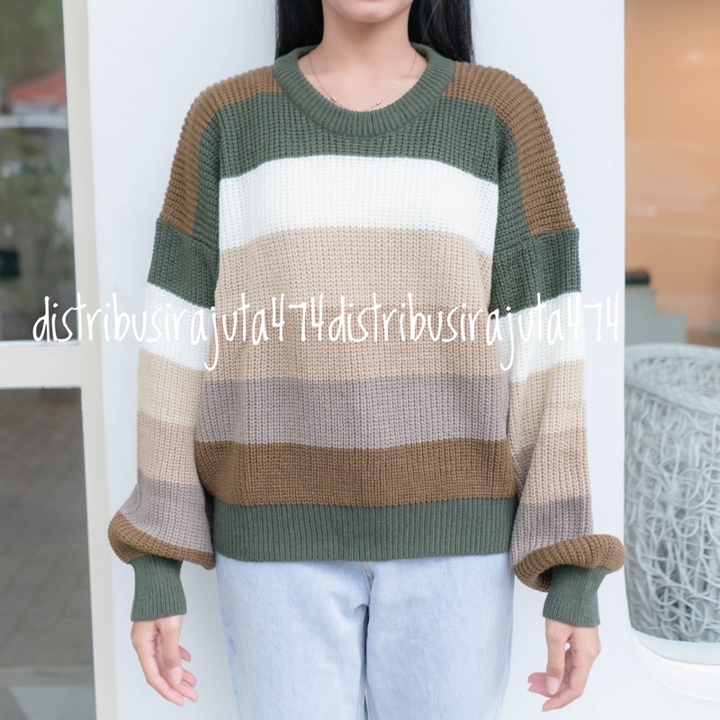 NOTHING OVERSIZE SWEATER RAJUT PELANGI SWEATER OBLONG OVERSIZE WANITA STIRIPE TEBAL