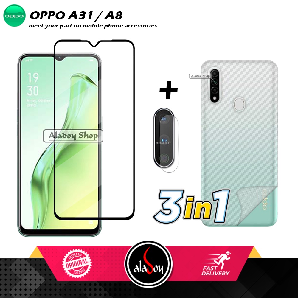 PAKET 3 IN 1 Tempered Glass Layar Oppo A8 / A31 Free Tempered Glass Camera dan Skin Carbon