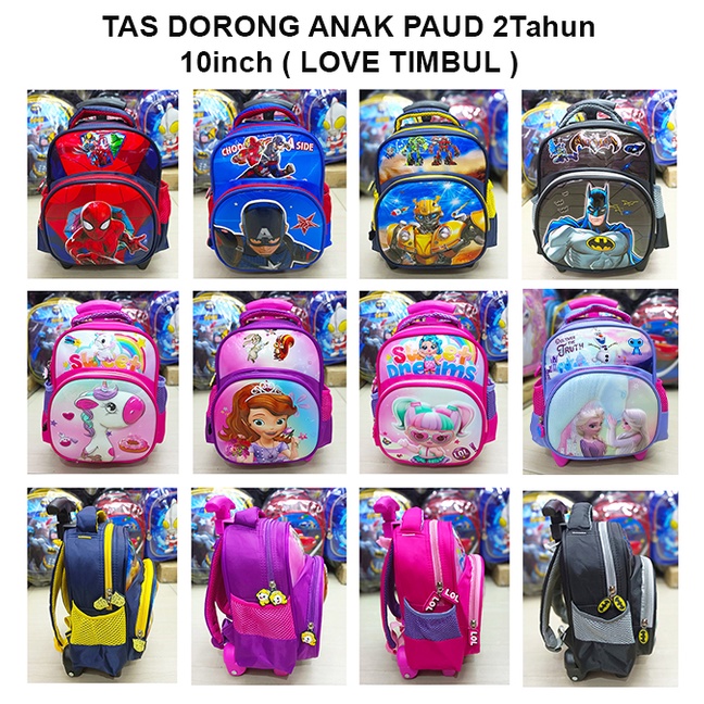 PROMO TERMURAH TAS TROLLEY DORONG ANAK PAUD 2 TAHUN GAMBAR JAGOAN DAN KUDA LUCU TIMBUL 10inch ( Love Paud )