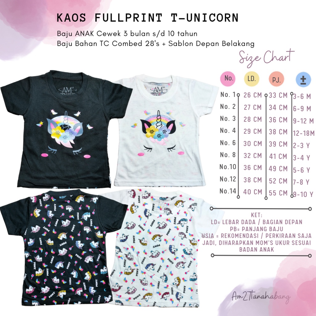 BAJU KAOS ANAK CEWEK Bayi 3 bulan s/d 10 tahun Fullprint Katun T- UNICORN