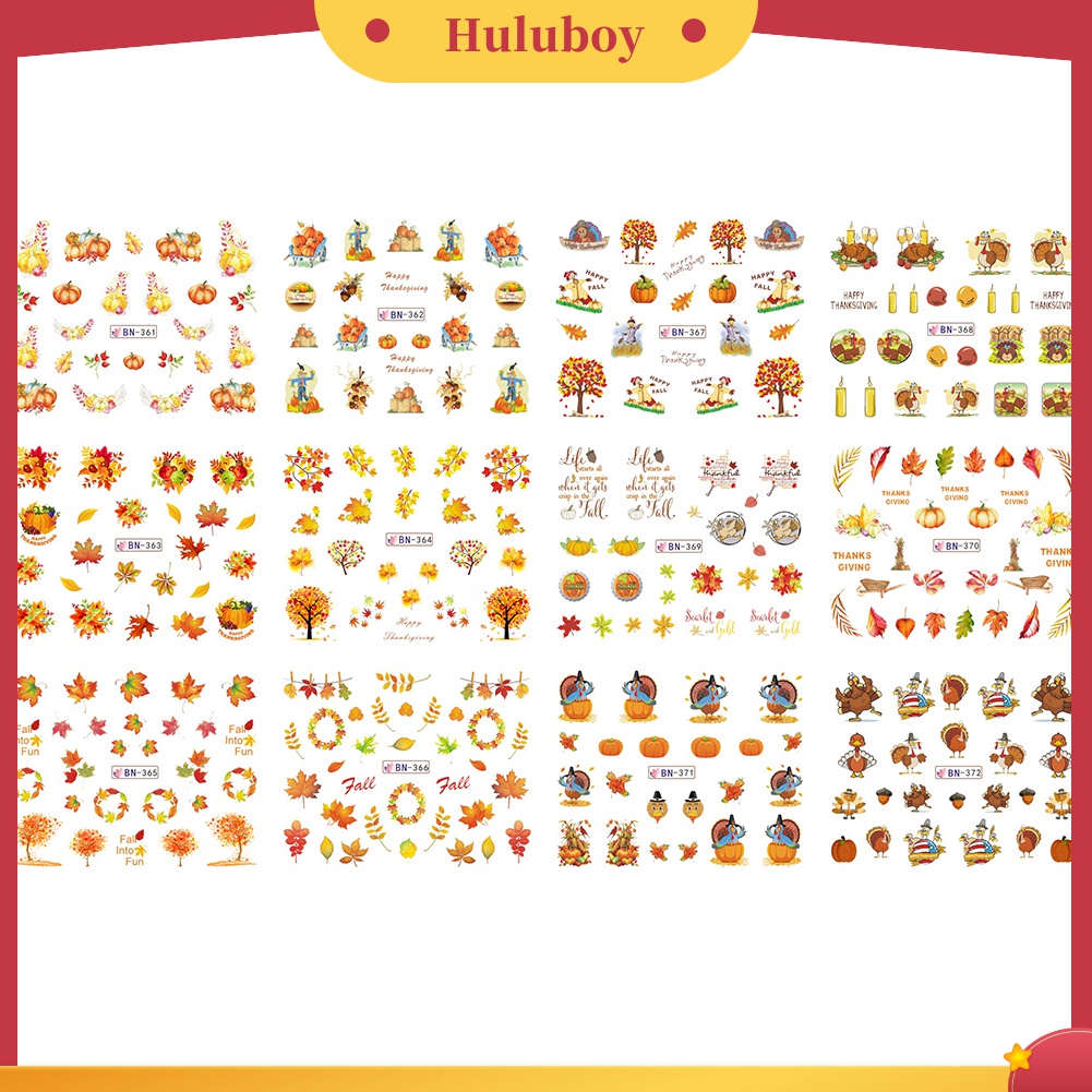 Huluboy Huluboy♡ 12 Lembar Stiker Kuku Motif Labu Maple Untuk Dekorasi Nail Art DIY