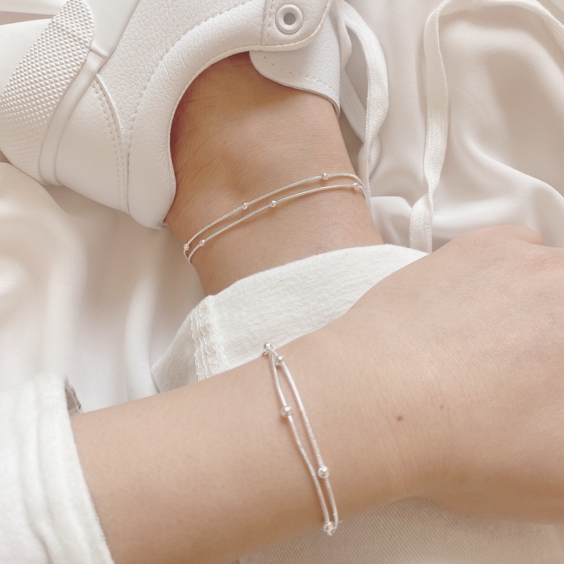 [ACKER] 925 Silver Double Layer Anklet Beads Korea Gelang Wanita Gadis Perhiasan