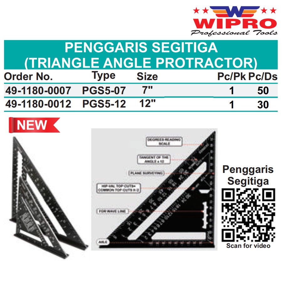 

WIPRO PGS5-07/PGS 5 7 Penggaris Segitiga/Siku Tukang Hitam 7 Inch Garis PRESISI Tulisan Emboss/Timbul