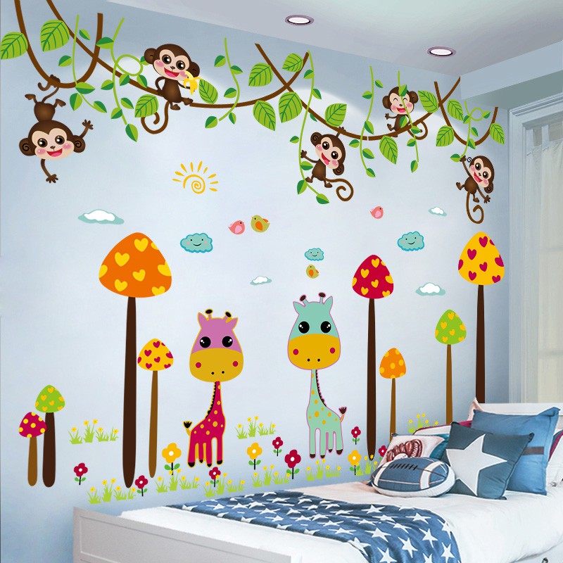 Kartun jamur rusa stiker  dinding  Boy bedroom dekorasi 