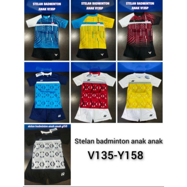 setelan kaos badminton anak tanggung Y158p&V135P.merah,kuning,biru