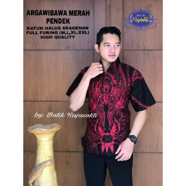 Batik Solo ARGAWIBAWA MERAH Pendek Kemeja Pria Katun Halus Sragenan Full Furing