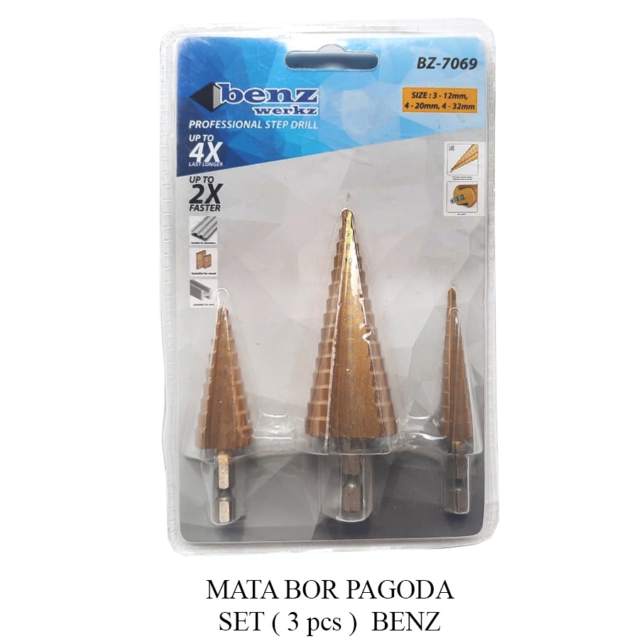 Mata Bor Besi Pagoda Step Drill BENZ ( 4-32mm, 4-20mm, 4-12mm ) - Ukuran Bisa distel Sendiri.