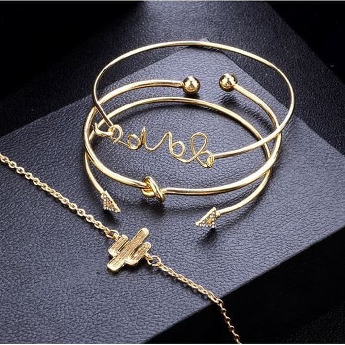 Satu Set Gelang Wanita Triangle Knot Love Cactus Gold Opening Bangle C