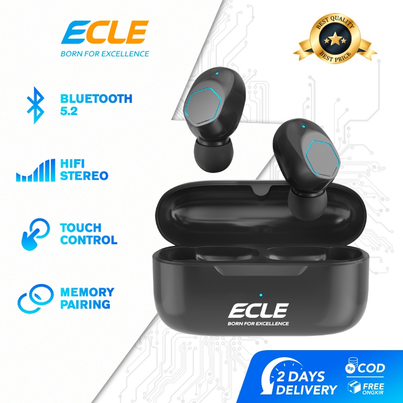 (NEW) ECLE Music TWS Earphone Bluetooth Sports Waterproof Headset Gaming Super Bass Touch Control