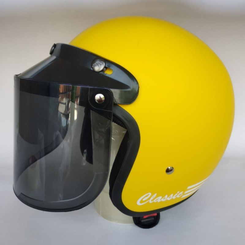 COD HELM BOGO DEWASA CLASIC GARIS  DEWASA POLOS GARIS KACA FLAT DATAR DAN KACA CEMBUNG-Kuning dop