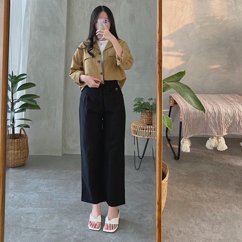 Highwaist Kulot Linen Pants - Variasi Tutup Saku - Pinggang Belakang Karet