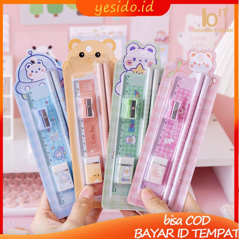 

[COD]1 Set (5 pcs) Alat Tulis Set Rautan Penghapus Penggaris Pensil Hadiah Lucu Anak Anak Sekolah (2 Pensil+Penghapus+Rautan pensil+Penguasa)-YES